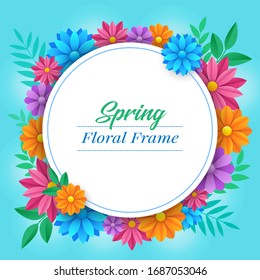Marco floral de primavera. Flores y hojas coloridas sobre fondo azul. Ilustración del vector