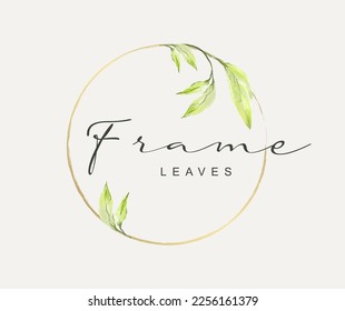 Spring flower frame. Elegant vintage wreath with watercolor leaves and golden line. Vector illustration for labels, corporate identity, wedding invitations