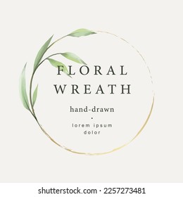 Spring flower frame. Elegant vintage wreath with watercolor leaves and golden line. Vector illustration for labels, corporate identity, wedding invitations