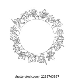 Spring flower frame. Ink line art tulips and narcissus flower wreath for design of card or invitations