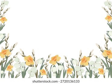 Marco de flor de primavera con narciso amarillo y gotas de nieve, Ilustración vectorial dibujada a mano. Borde floral Horizontal con espacio de copia para Pascua o el día de la madre