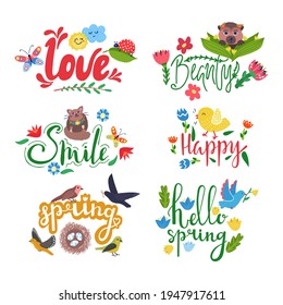 Spring flower graphic design set, isolated on white background, vector illustration. Retro nature logo text for floral poster banner.
