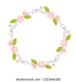 Spring flower herbs wreath. Flat abstract Vector garden frame, woman day romantic holiday, wedding invitation card decoration element summer floral Illustration isolated white background