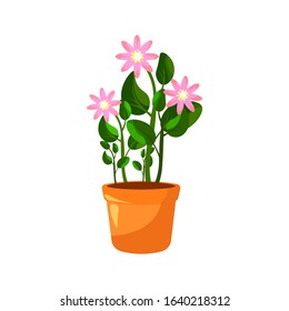 Spring flower houseplant inside pot cartoon icon. Flower potted plant for indoor and outdoor landscape design isolated on white. Vector illustration