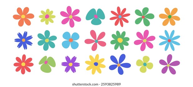 Spring flower icon, cute summer plant, retro sticker, groovy daisy, simple vintage element, colorful floral doodle set isolated on white background. Nature vector illustration
