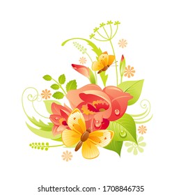 Spring flower icon. Gladiolus floral symbol with leaf, grass, butterfly. Summer natural vector illustration for Mother day or birthday greeting card, wedding invitation, cartoon poster decoration