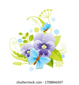 Spring flower icon. Viola pansy floral symbol with leaf, grass, butterfly. Summer natural vector illustration for Mother day or birthday greeting card, wedding invitation, realistic poster decoration