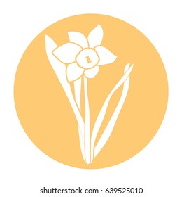 Spring flower icon. White narcissus in flat design. Orange round circle flat icon. Vector