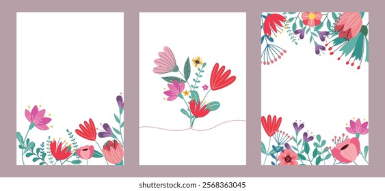 Spring flower invitation clipart poster set. Flowers greeting card with colorful floral decoration clip art for editable background collection. Vector illustration spring invitation card set. 
