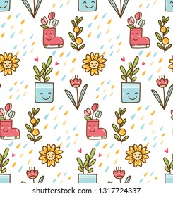 Spring flower kawaii doodle background