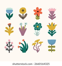 Spring Flower with Leaf Abstract Icon Set. Cute Floral Plant Element Collection. Vector Flat Illustration