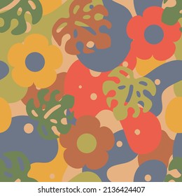 Spring flower and leaf colorful tropical retro camouflage seamless pattern background