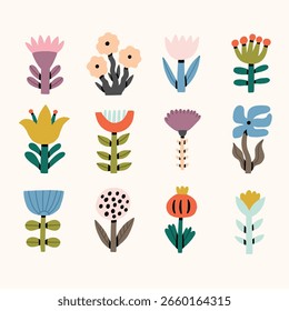Flor de primavera con hoja Doodle Icon Set. Linda Colección de elemento de planta floral. Ilustración plana de Vector