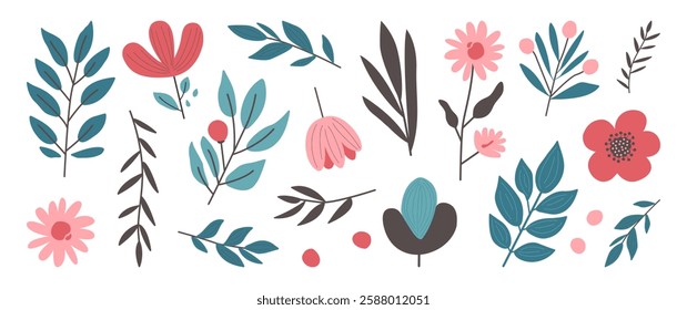 Spring flower and leaves, floral icon, cute plant set, doodle garden branch, summer leaf hand drawn, simple rustic collection retro art isolated on white background. Vintage nature vector illustration