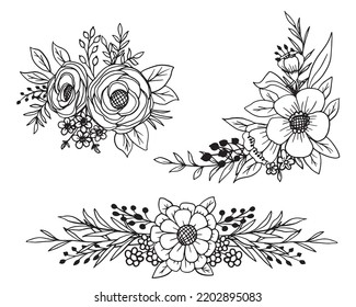 spring flower and leaves line art collection, flower doodle line art isolated