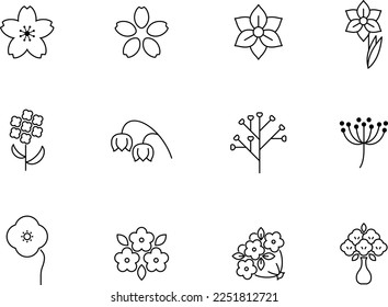 Spring flower line drawing icon set