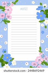 Spring flower lined note page design on blue background. Elegant vector cute floral design for planner, memory, notes page concept