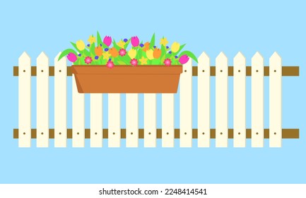 Spring flower in long pot on white fence. Vector illustration.