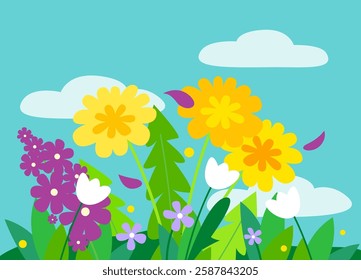 Spring flower meadow background with dandelions in vector, flat style.