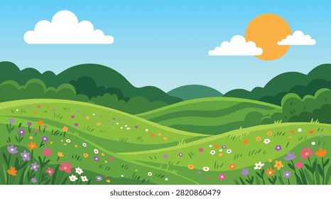 Spring Flower Meadow Landscape with Rolling Green Hills Vector Background