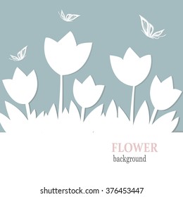Spring flower origami background with butterflies on serenity blue background