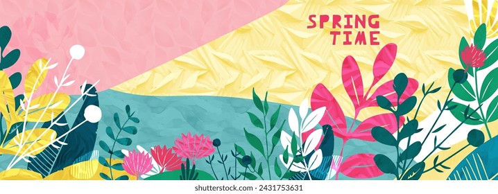 Spring flower paper torn collage vector background. Summer floral design. Garden illustration, craft banner, papercut nature pattern. Watercolor bloom template. Trendy texture wildflowers,  header