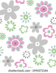 Spring flower pastel pink, grey, blue, green, vector, Seamless pattern with different kinds of flowers. Minimalistic cute trendy design on white background for textile,