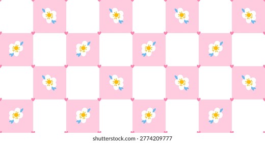 Spring flower pattern with cute check in pastel plaid and gingham. Seamless daisy design for kawaii or chequered background mini dot. Heart blooms across floral summer coat.