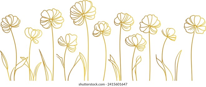 Patrón de flor de primavera Línea de arte Ilustración vectorial, Flora floreciente en un fondo de contorno floral, botánica, diseño, florecimiento