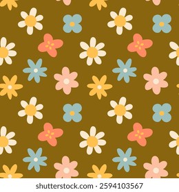 Spring flower pattern on dark green background. Flower flat pattern. Flower background. Perfect for fabric, textile, wallpaper, decor, print or packaging of products.
