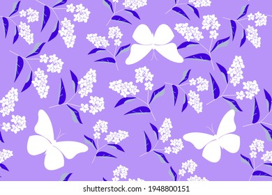 Spring flower pattern. Seamless pattern design for wrapping paper, stationery, textiles.Vector illustrated nerds. White lilac with butterflies on a violet background . Minimalistic floral pattern