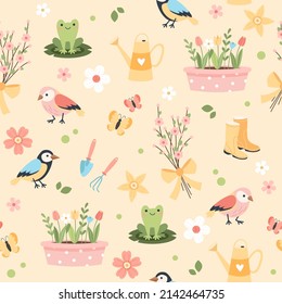 Spring flower pattern - tulips, birds and butterflies, gardening tools. Vector illustration in flat cartoon style
