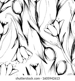 Spring flower pattern with tulips. Black and white ink engraved art. Tulips of different shapes. Galandian spring tulip. Tulip illustration element isolated on white background. For textile, wallpaper