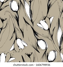 Spring flower pattern with tulips. Black and white ink engraved art. Tulips of different shapes. Galandian spring tulip. Isolated illustration of a tulip on a gray background. For textile, wallpaper