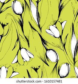 Spring flower pattern with tulips. Black and white ink engraved art. Tulips of different shapes. Galandian spring tulip. Isolated illustration of a tulip on a green background. For textile, wallpaper