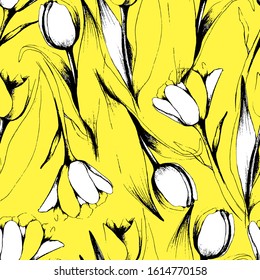 Spring flower pattern with tulips. Black and white ink engraved art. Tulips of different shapes. Galandian spring tulip. Tulip illustration isolated element on a yellow background. For textile