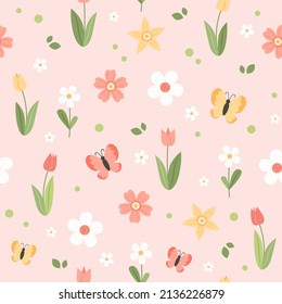 Spring flower pattern - tulips, cherry blossom and butterflies, vector illustration in flat cartoon style