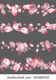 Spring flower petals flying vector striped background. Spring blossom isolated elements on grey. 