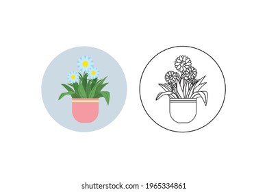 Spring Flower Pink Pot Fill Line Icon Bundle