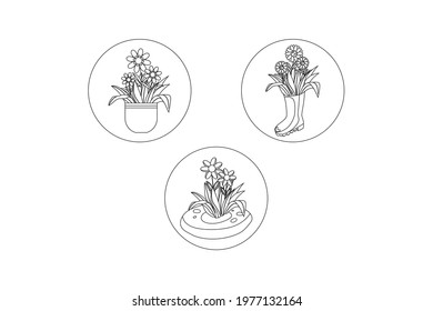 Spring Flower Pot Line Icon Bundle