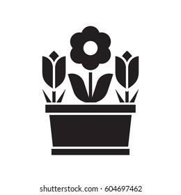 Spring flower pot with tulips and abstract blossom silhouette vector illustration. Flowerpot icon in outline design.