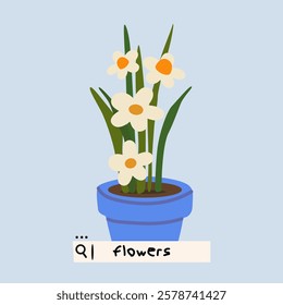 Spring flower retro poster. Cute springtime flat hand drawn cartoon style vector illustration. A flower in a blue pot. Search bar for flowers on the Internet