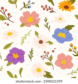 Spring flower seamless pattern. Cute wildflowers and yellow, red and blue daisy and chamomile summer flowers with greenery. Vector wallpaper and wrapping floral texture. Botanical foliage springtime