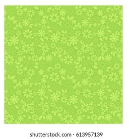 Spring flower seamless pattern with outline daisy flowers and leaves. Light green elements on green background. For scrapbook, wallpaper, wrapping paper, package, textile and other backgrounds. Vector