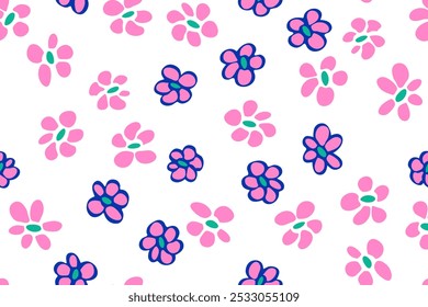 Spring flower seamless pattern vector tissue print design. Rustic floral fashion print. Small flower blossom background illustration. Wildflower bloom ornament. Beautiful petals doodle.