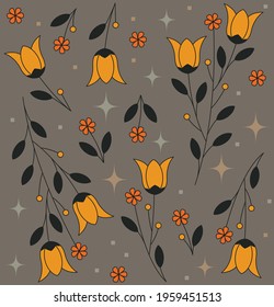 Spring flower seamless vector pattern with tulips orange and grey