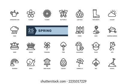 spring flower season activity detailed outline icon set. simple vector illustration