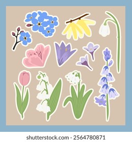 spring flower set, azalea, crocus, forget me nota, forsythia, lilac, lily of the valley, snowdrom, bluebells, tulip,