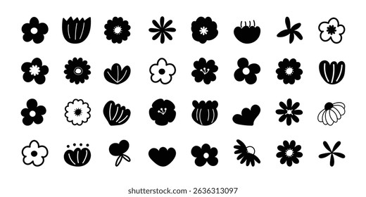 Spring flower set. Black flowers collection. Daisy chamomile, cornflower, sun flower chrysanthemum. Fresh and blooming elements. Growing concept. Flat design. White background. Isolated. Vector