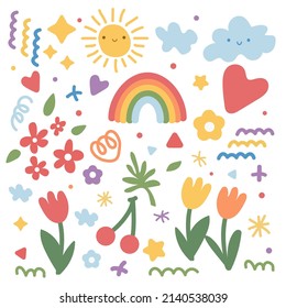 Spring flower set with cloud sun rainbow tulip cherry happy face free vector
